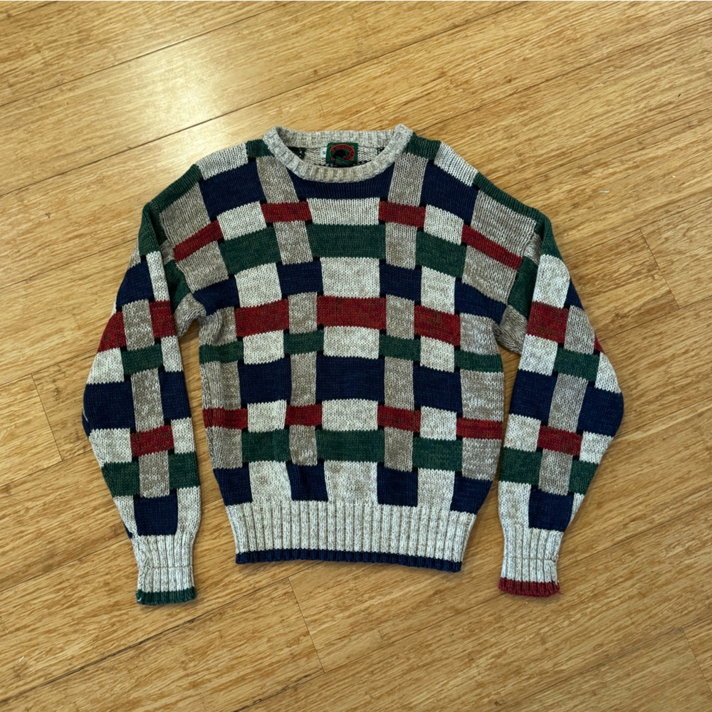 Vintage Boston Traders green red blue color block checkerboard crewneck sweater